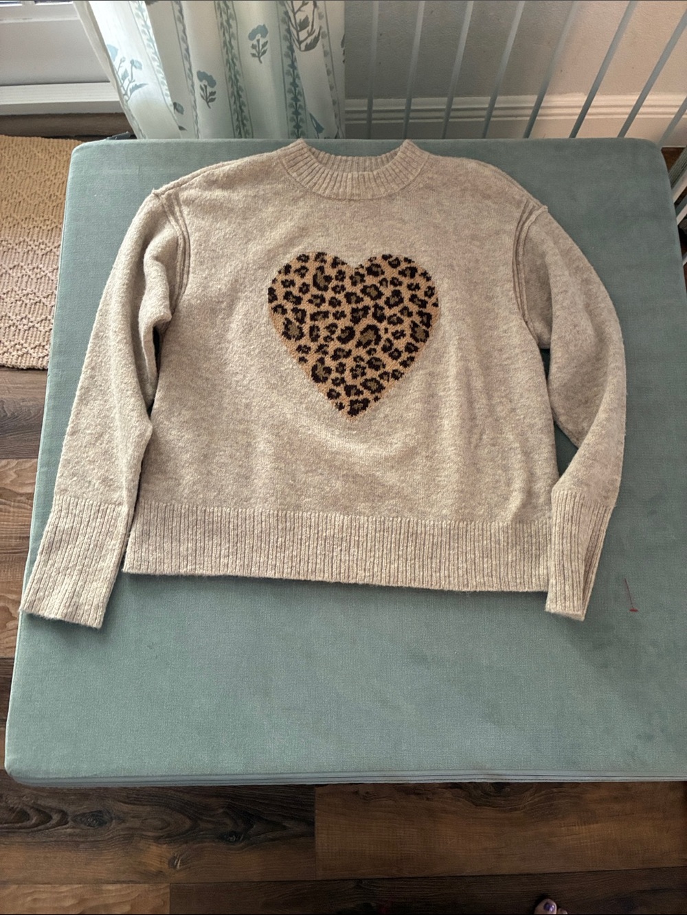 American Eagle Outfitters Beige Crewneck Sweater with Leopard Heart